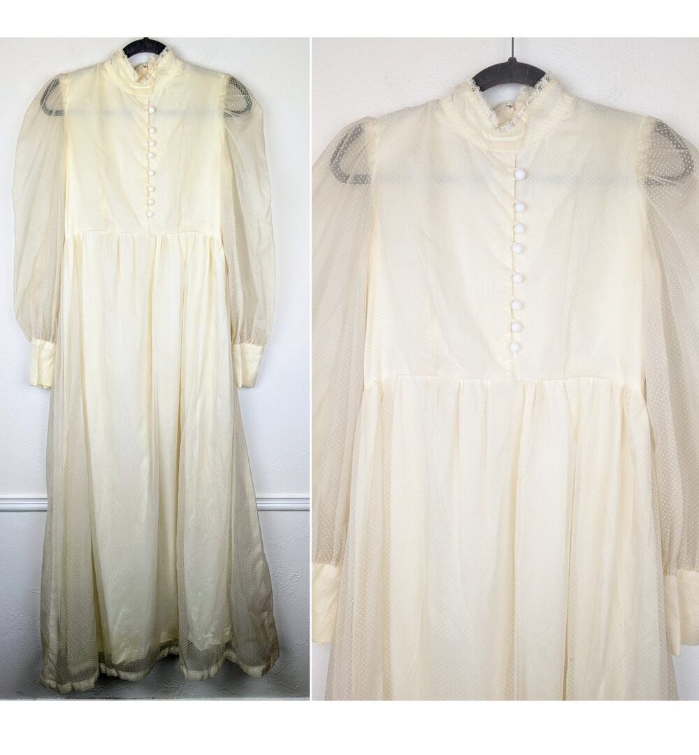 Vintage Maxi Dress Swiss Dot Sheer Boho Prairie Boho Coquette Fairy Cream Size S